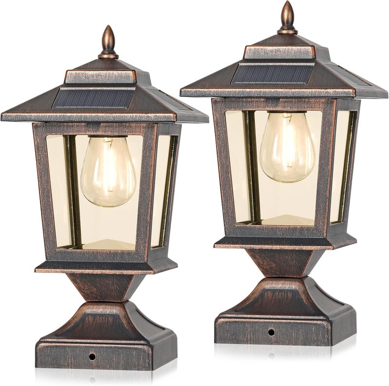 Derynome Solar Post Cap Lights, Waterproof Outdoor Light for 4x4 Wooden Posts, Solar Lights with Glass Shade for Deck Fence Patio Post Decor,Bronze (2 Pack) - Image 1